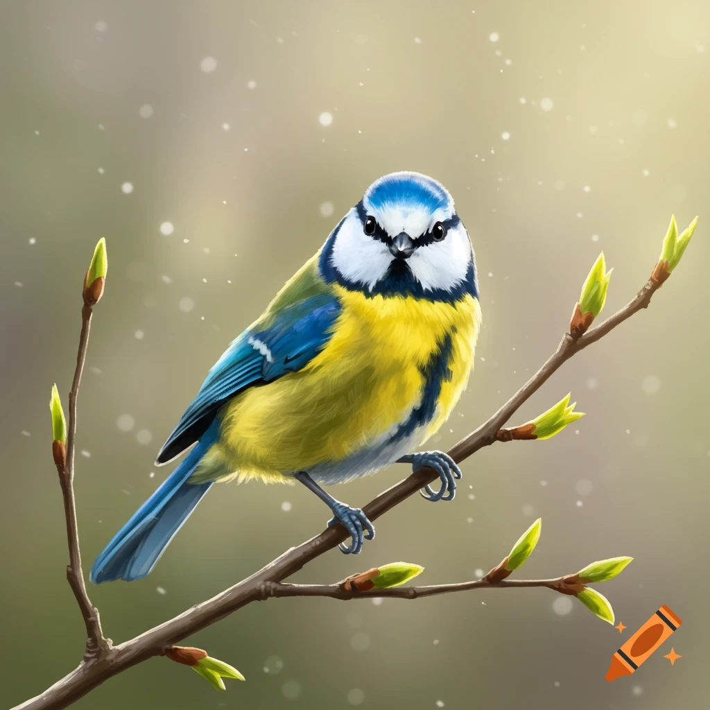 A vibrant blue tit bird perched on a branch with new green buds, against a soft, speckled background.