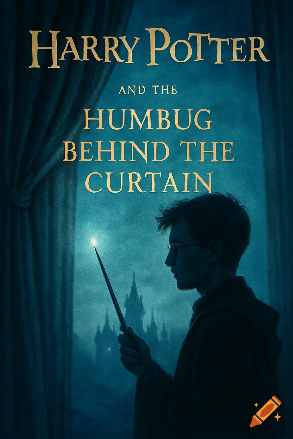 A dark blue fantasy book cover features a silhouetted wizard with a glowing wand looking at a distant castle, with the title 'Harry Potter and the Humbug Behind the Curtain'.