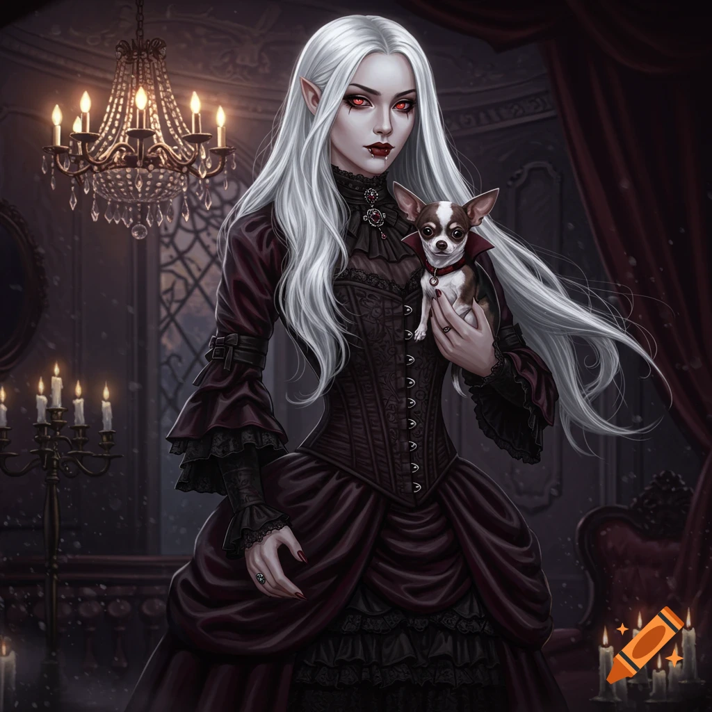 Gothic vampire woman with silver hair and red eyes, holding a chihuahua in an ornate, candlelit room.