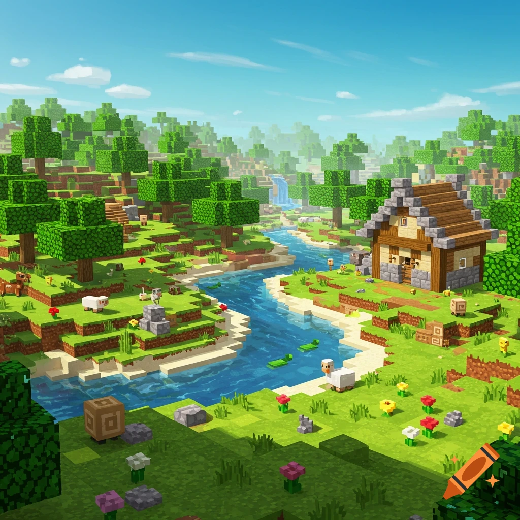 A vibrant, blocky Minecraft-style landscape at sunset with mountains, a ...