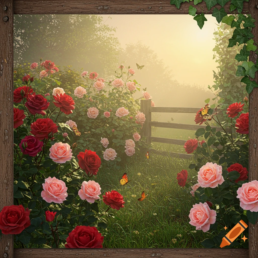 Lush garden with vibrant pink and red rose bushes and butterflies, framed by a rustic wooden border and misty sunlight.