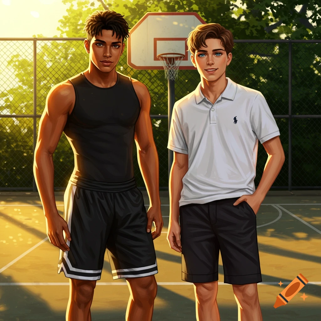 Two young men stand on an outdoor basketball court in a digital illustration. One wears a black tank top, the other a white polo.