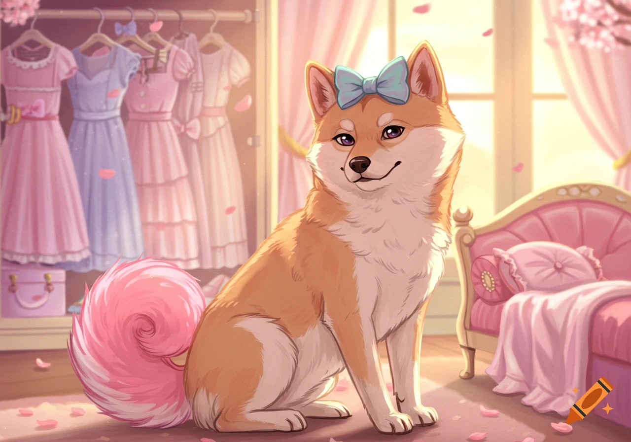 An illustrated sassy Shiba Inu with a pink tail and blue bow sits in a pastel pink room with a wardrobe and princess bed.