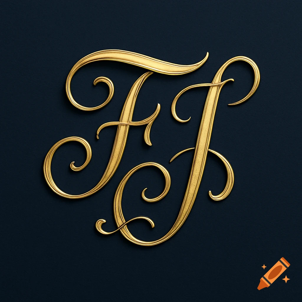 Gold monogram of the letters F and J in a decorative, elegant script on a dark background.