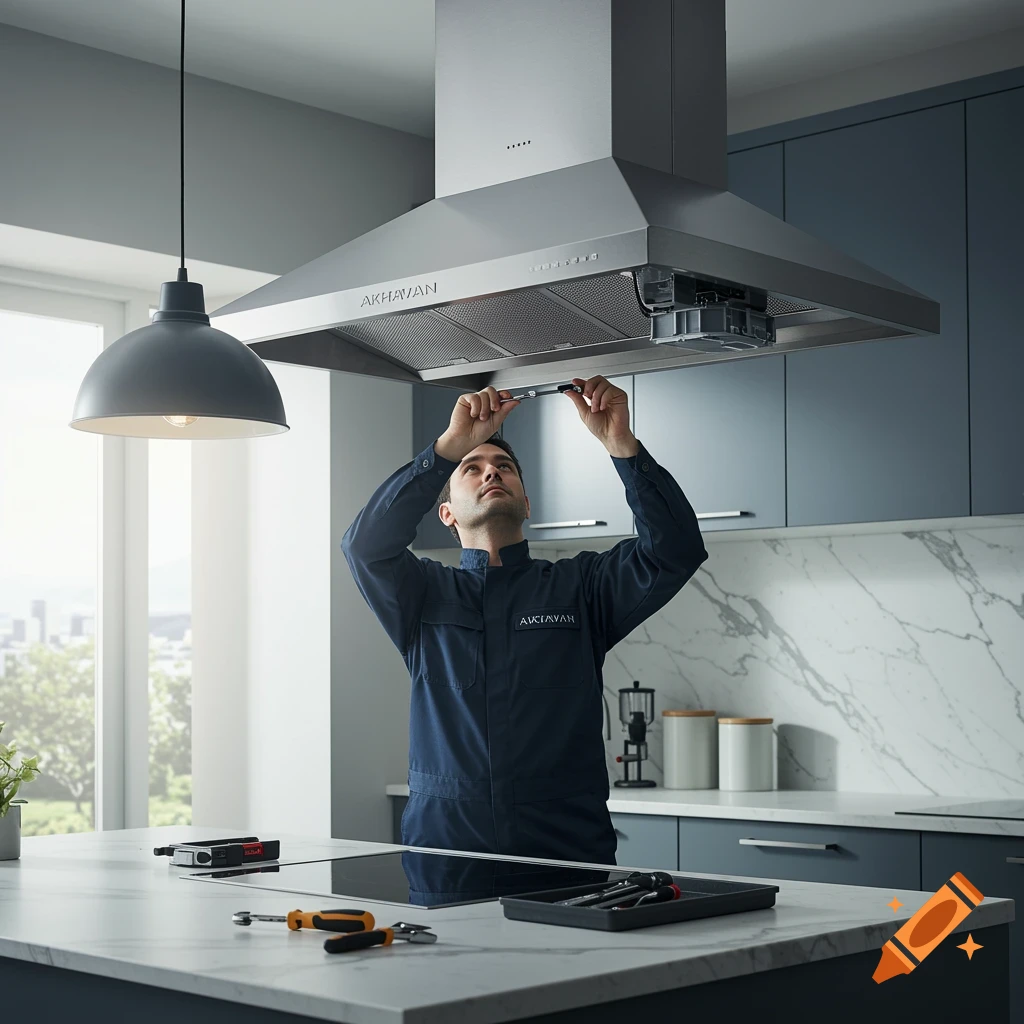 A man in a blue uniform repairing a stainless steel kitchen range hood in a modern kitchen with marble countertops. Photorealistic style.