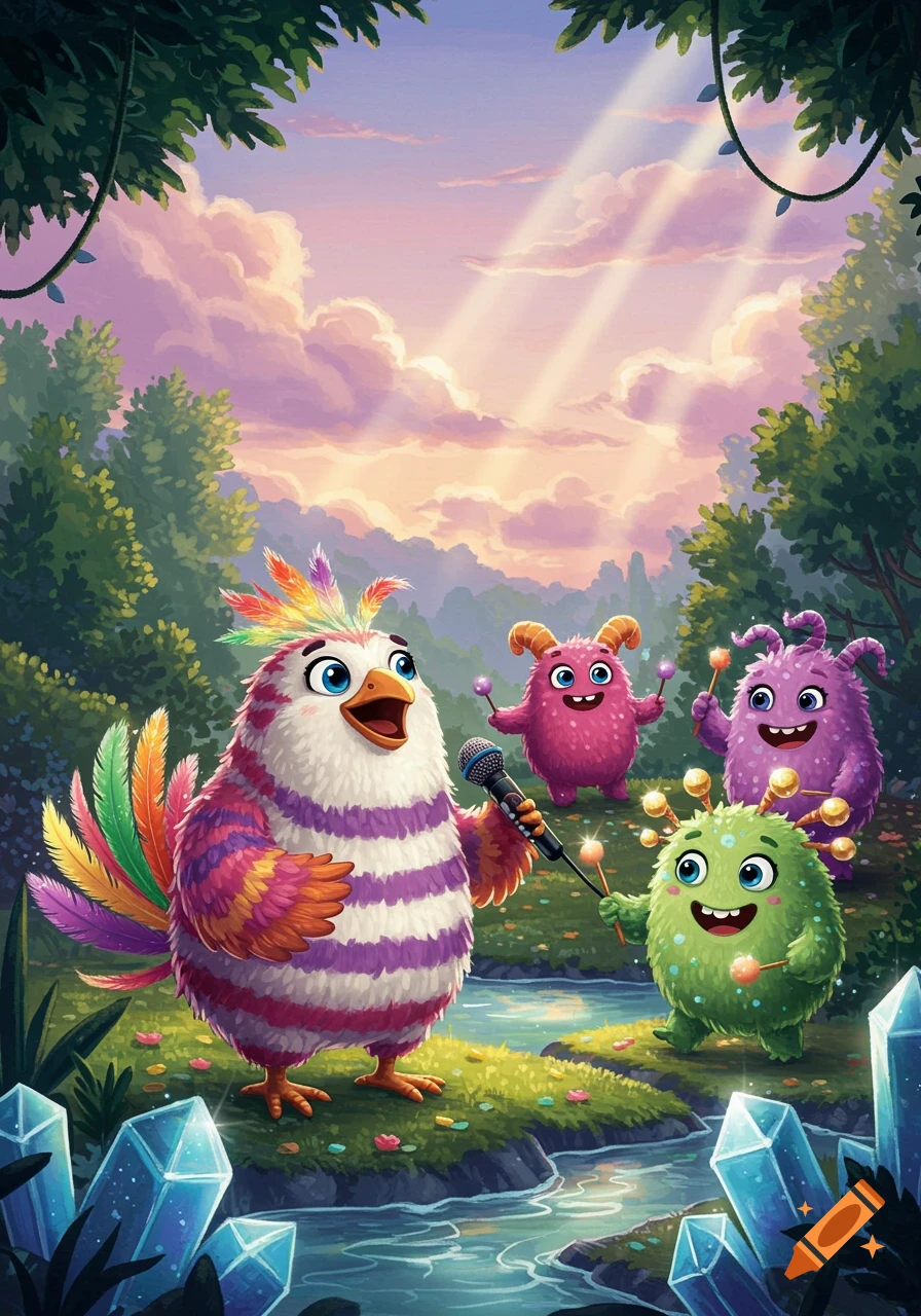A whimsical, colorful cartoon bird sings into a microphone as three furry monsters dance around a forest stream at sunset.