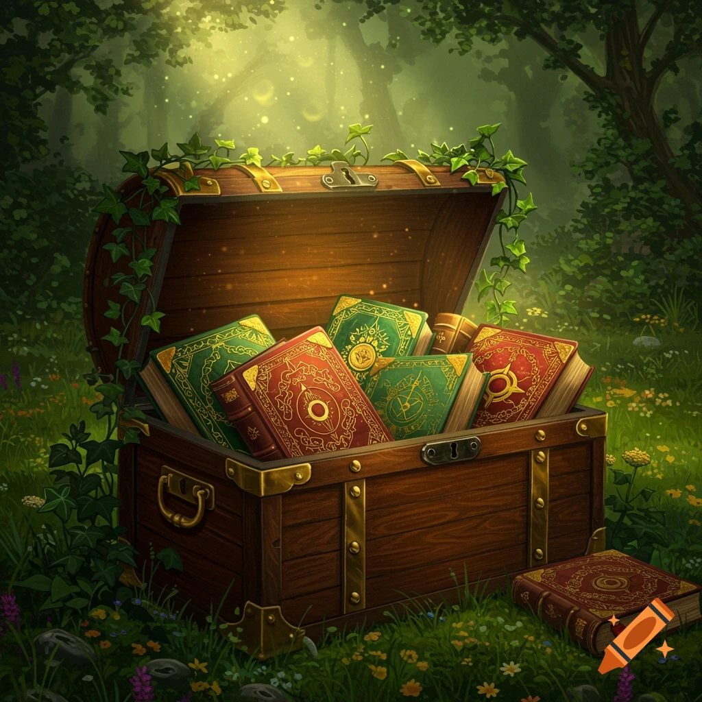 A wooden treasure chest filled with ornate, colorful books sits open in a magical, sun-dappled forest clearing.