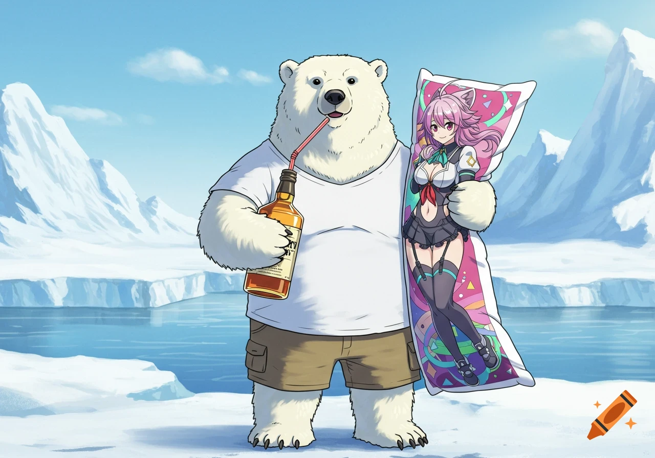 A cartoon polar bear in a white t-shirt and khaki shorts holds a whiskey bottle with a straw and an anime body pillow in a snowy arctic landscape.