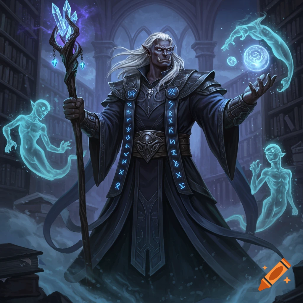 A dark-skinned, white-haired male half-orc wizard in a black robe with glowing runes stands in a library, holding a crystal staff and conjuring ethereal blue figures.
