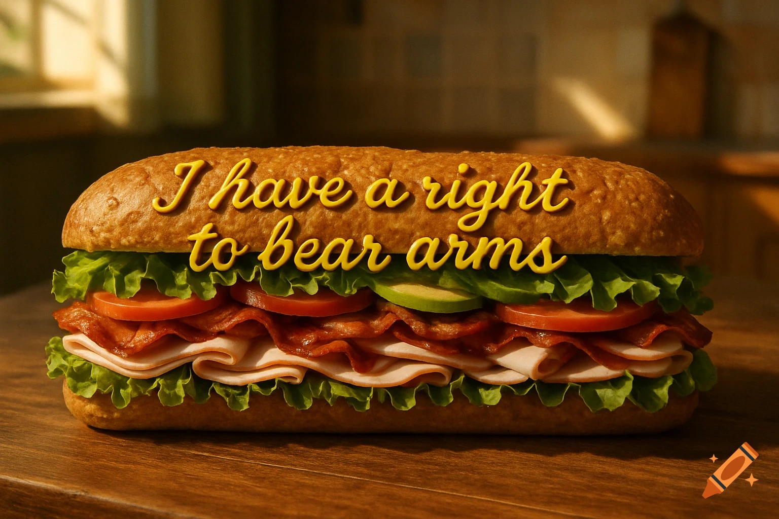 A photorealistic footlong sandwich with lettuce, tomato, bacon, and deli meat, with yellow text "I have a right to bear arms" on its bun, resting on a wooden table.
