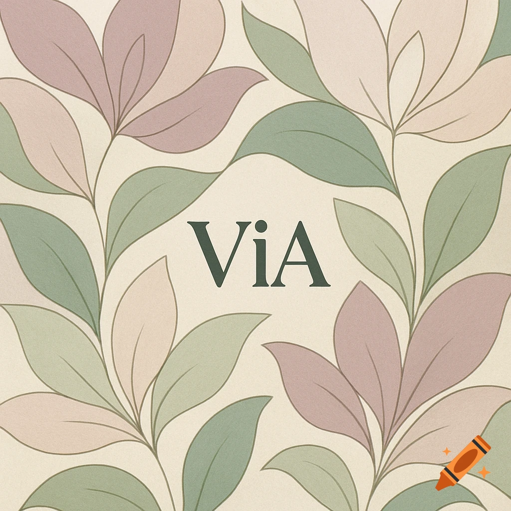 Abstract floral pattern with green and pink leaves on a cream background, featuring 'ViA' in the center.