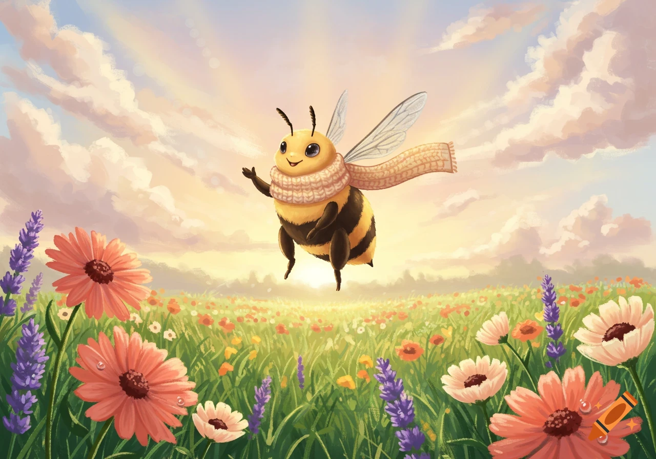 A cute cartoon bee wearing a scarf flies over a vibrant flower field at sunrise, in an illustrative style.