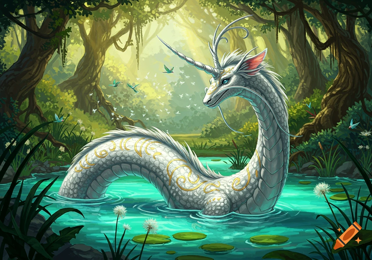 A white dragon-like creature with a unicorn horn and golden patterns emerges from a turquoise pond in a lush green forest.