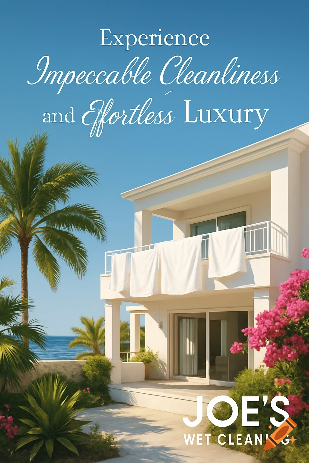Photorealistic image of a white luxury villa by the ocean, with text advertising 'Joe's Wet Cleaning'.