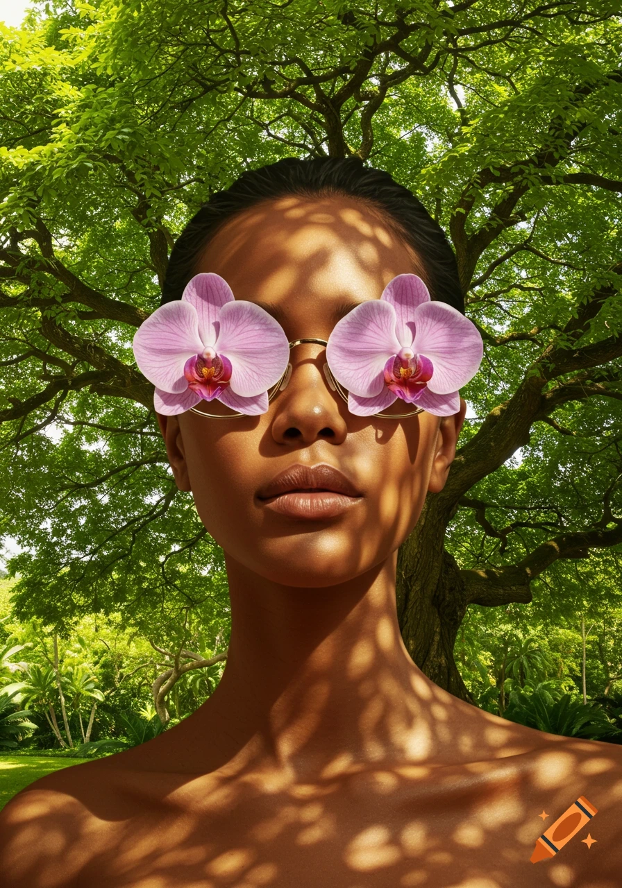 Photorealistic portrait of a woman with pink orchids covering her eyes like glasses, sunlight dappling her face, against a lush green tree background.