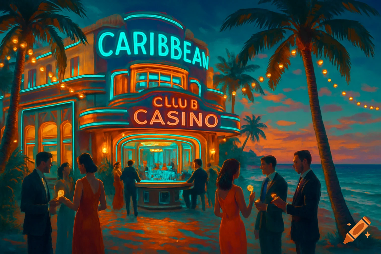 Vibrant digital painting of a neon-lit Caribbean casino at dusk, with palm trees and people gathered in front of the building by the ocean.
