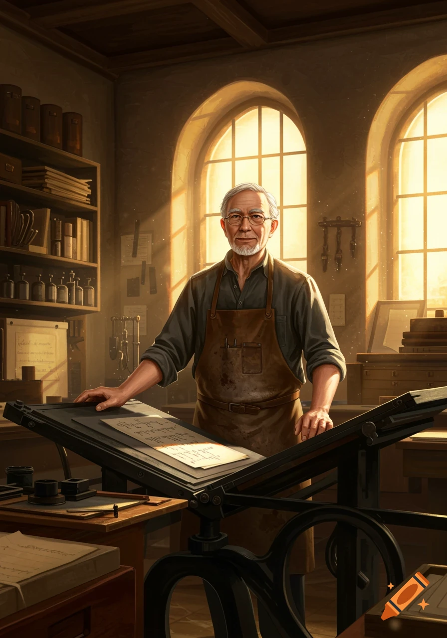 An old man with a grey beard and glasses, wearing a brown apron, stands behind a vintage printing press in a sunlit workshop.