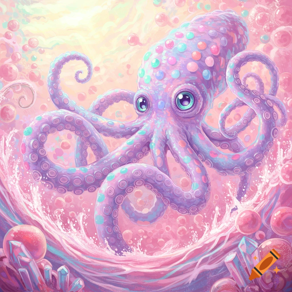A vibrant purple octopus with colorful polka dots and big eyes in a pink and blue bubbly, liquid environment with crystals.