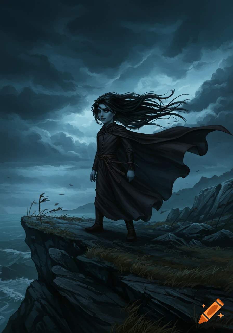Dark fantasy digital art of a cloaked character with long black hair standing on a windswept cliff under a stormy sky.