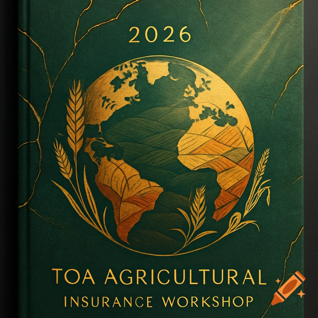 A green book cover with gold text "2026 TOA AGRICULTURAL INSURANCE WORKSHOP", featuring a gold globe with field patterns, wheat stalks, and kintsugi-inspired golden cracks.