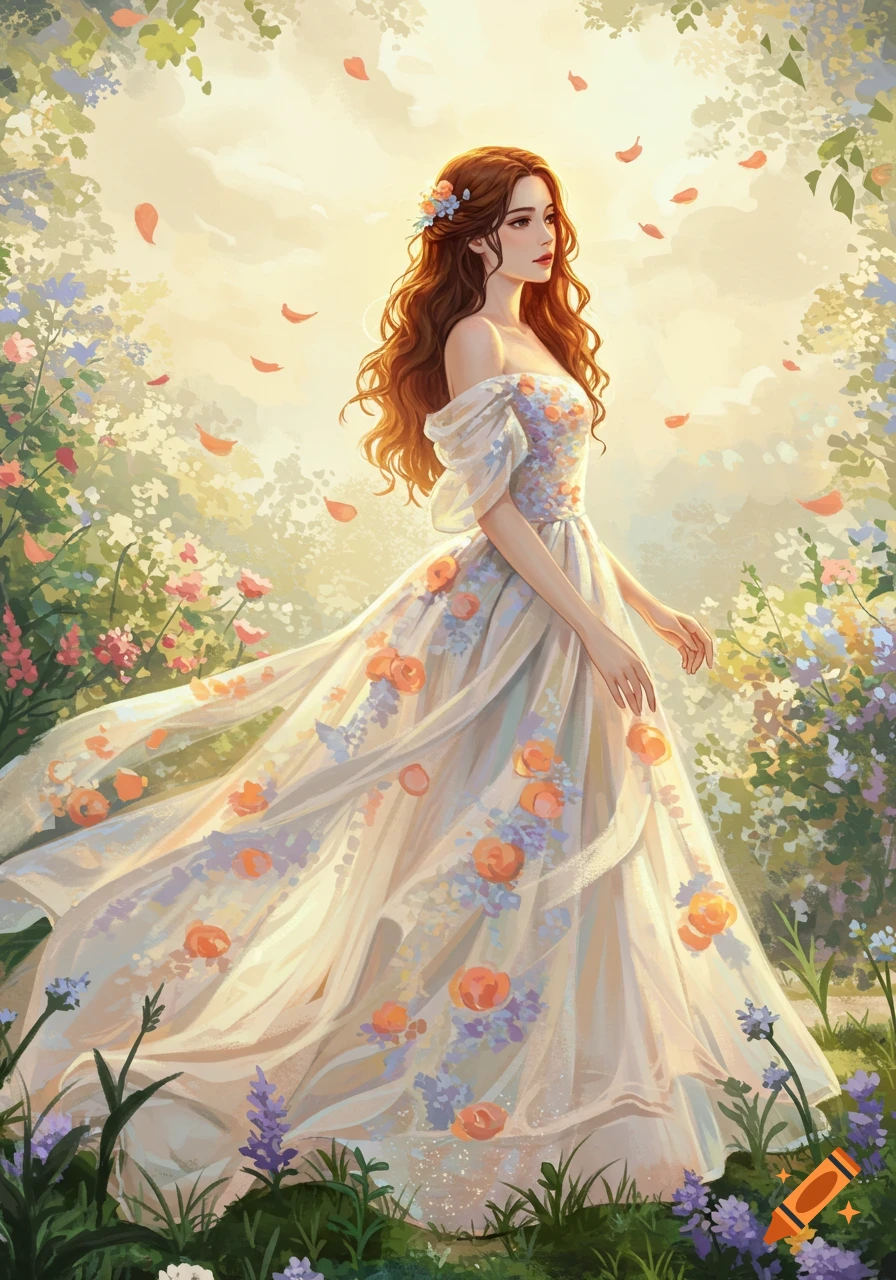 A woman with long wavy brown hair in an ethereal off-the-shoulder flower dress stands in a vibrant garden.