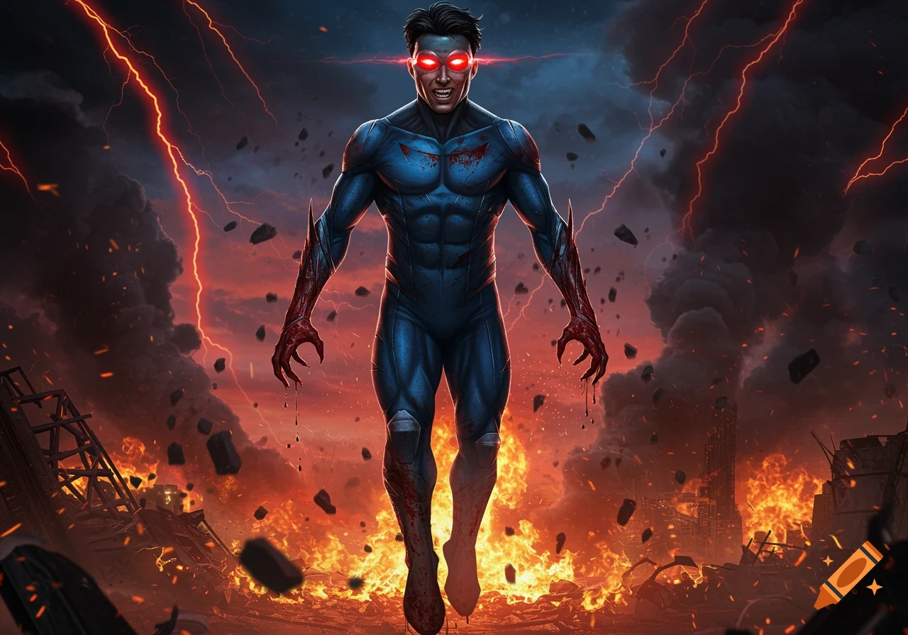 A dark, muscular superhero with glowing red eyes and bloodied hands floats above a city destroyed by fire and lightning.