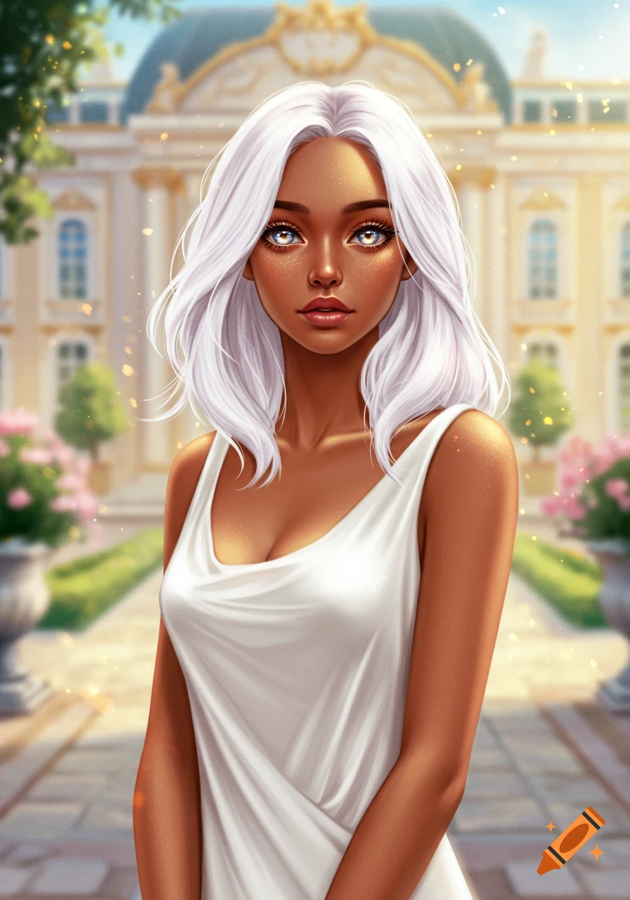 Digital art portrait of a woman with brown skin, white hair, and captivating amber-blue eyes, wearing a white silk dress in a grand garden.