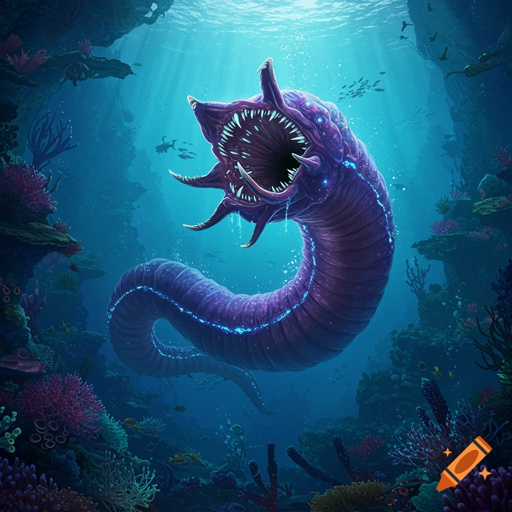A massive, purple, glowing worm-like creature with a large, toothed mouth swims through a vibrant underwater coral reef, illuminated by light from the surface.