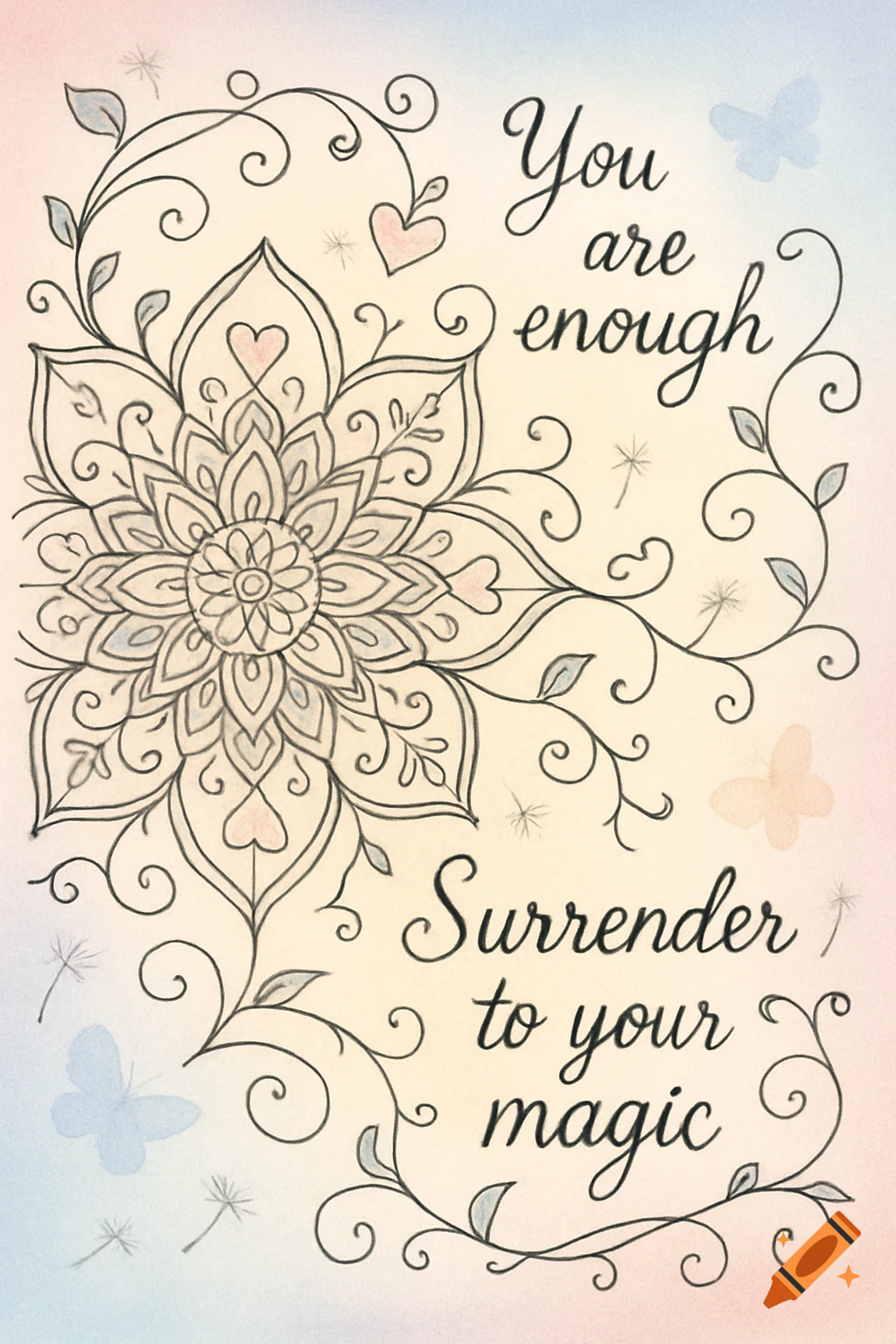 A hand-drawn mandala illustration with vines, butterflies, and the text 'You are enough. Surrender to your magic.' on a soft gradient background.