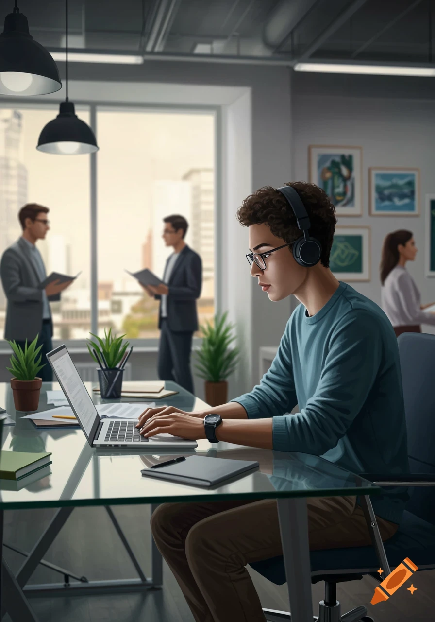 A young person with curly hair and glasses wears headphones while typing on a laptop at a glass desk in a modern office. Other blurred figures are in the background.