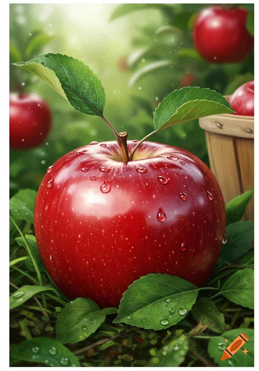 Close-up of a vibrant red apple with water droplets in an orchard, photorealistic.