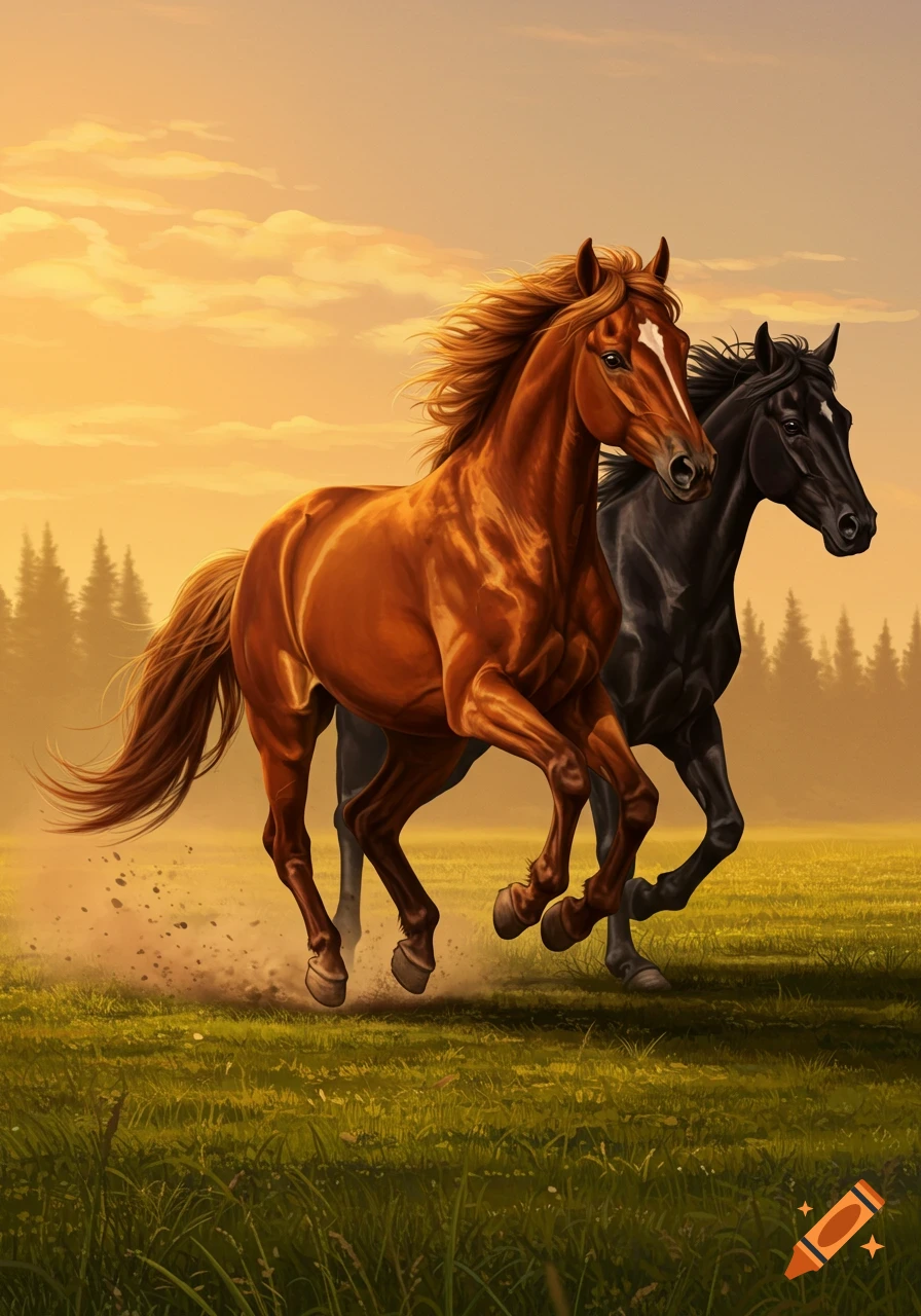 A brown horse and a black horse gallop through a grassy field under a golden sunset sky with a line of pine trees in the background.