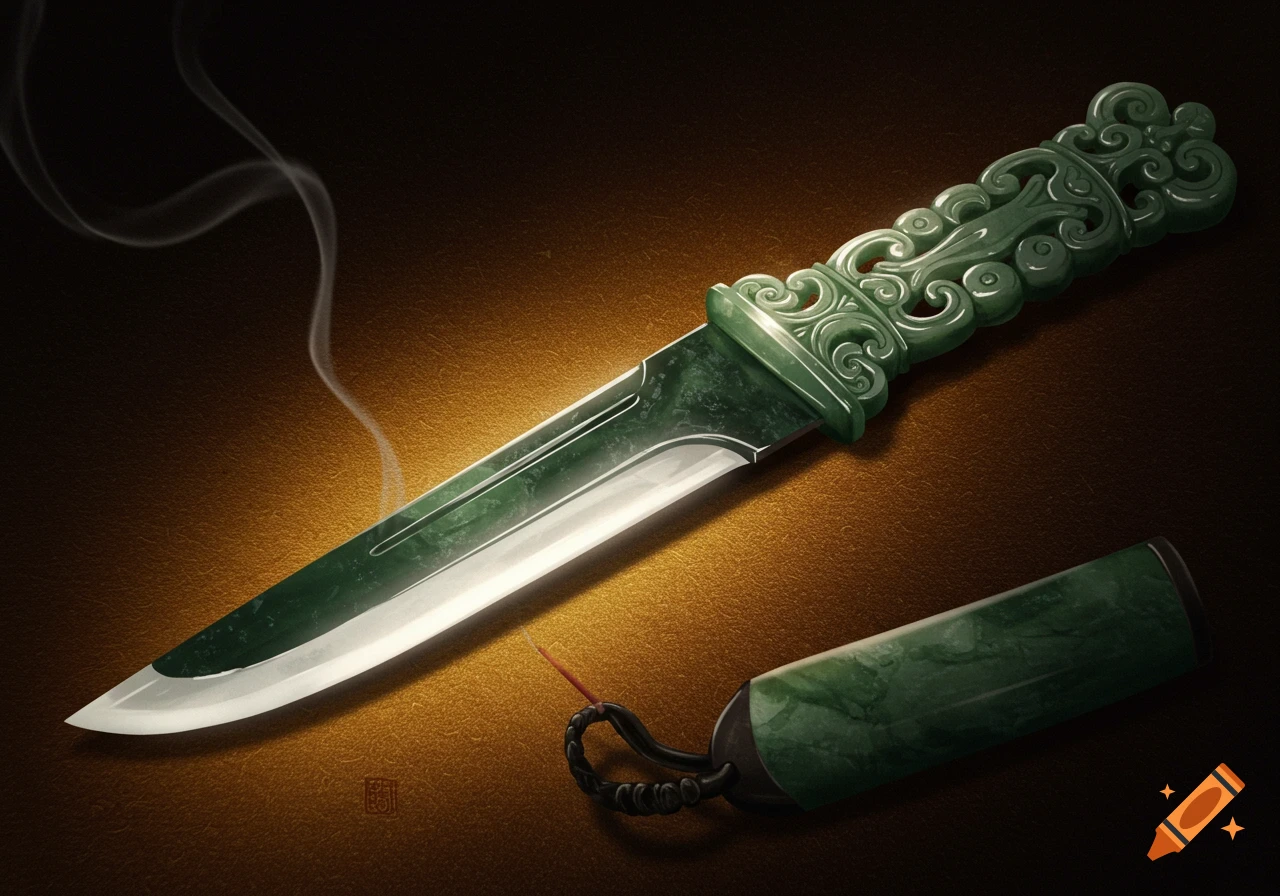 An intricately carved green jade dagger with a gleaming blade rests on a golden surface, with wisps of smoke curling around it. A jade sheath lies beside it.