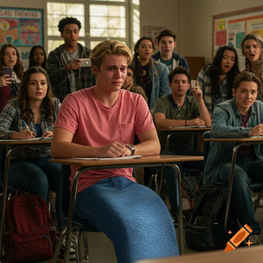 A blonde merman student in a pink t-shirt cries at his desk in a classroom, his blue jean denim tail visible. Other students stare, point, and record with phones.