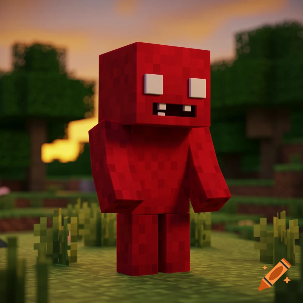A blocky red Minecraft-style character with white eyes and jagged teeth stands in a pixelated field at sunset.