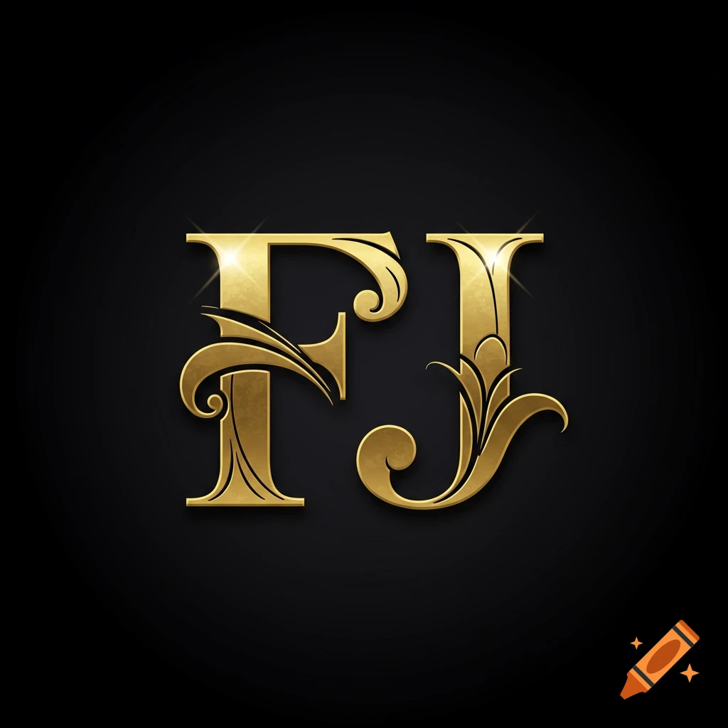 Ornate gold letters F and J intertwined on a black background.
