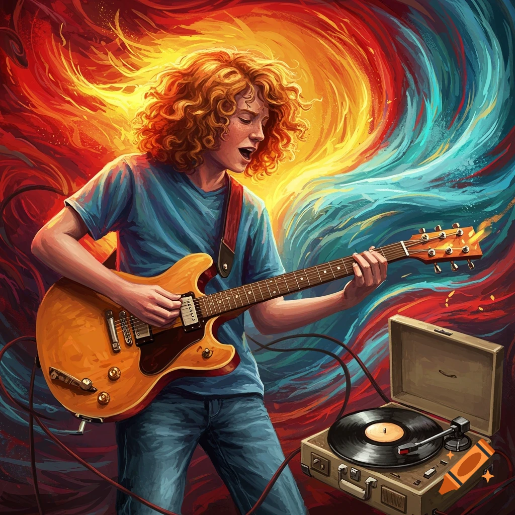 Teenaged boy with curly red hair plays a left-handed electric guitar next to a record player, set against a vibrant, swirling abstract background.
