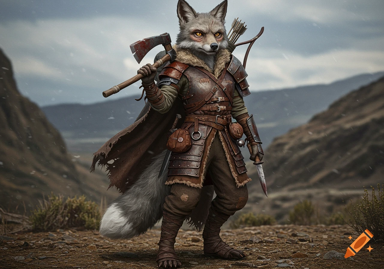 A rugged humanoid fox adventurer with gray fur, worn leather armor, axe, and knife stands in a rocky mountain landscape.