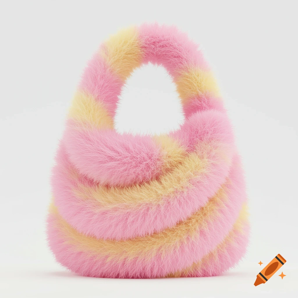 A fluffy pink and yellow swirl-shaped bag on a white background.