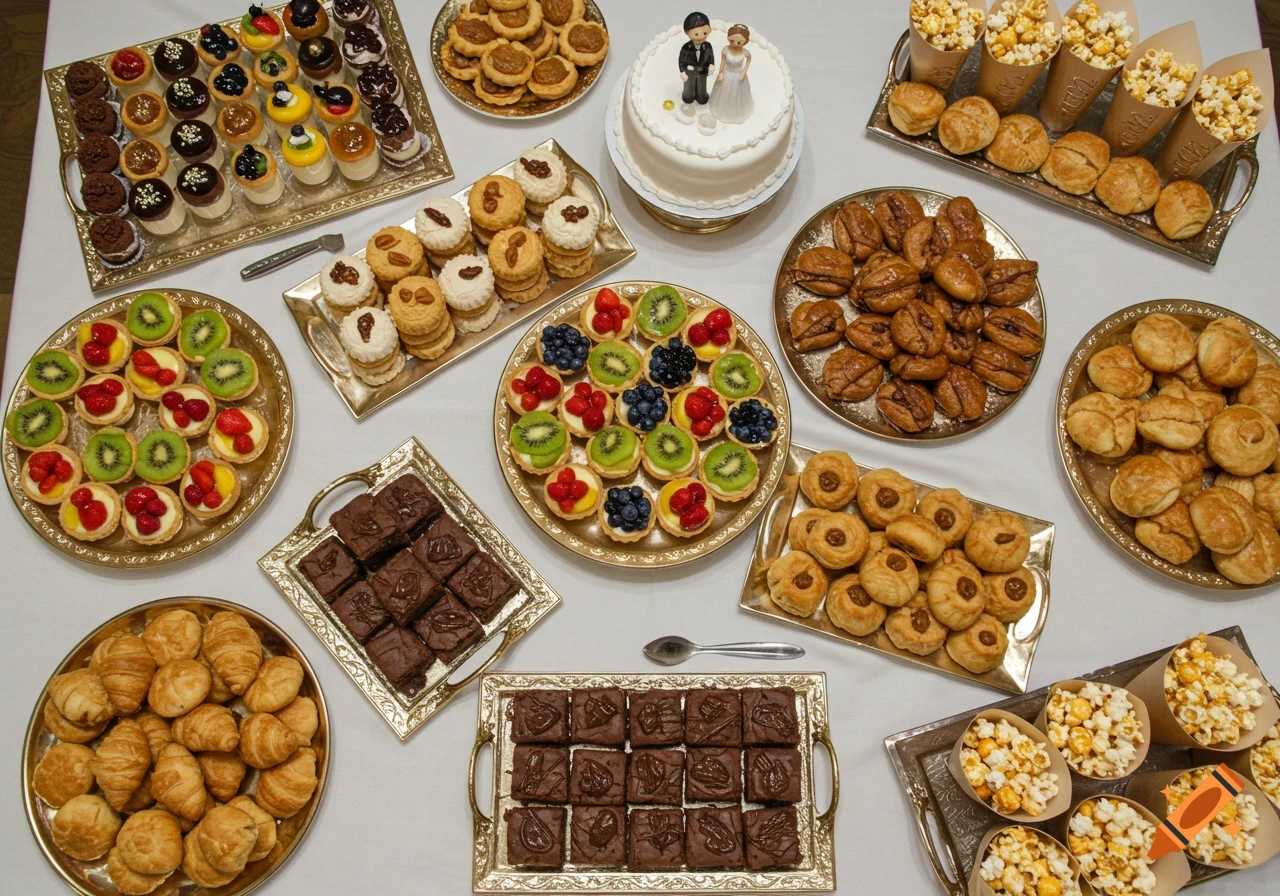 Top-down view of a wedding dessert table with mini fruit tarts, brownies, croissants, various cookies, popcorn in cones, and a small white wedding cake.