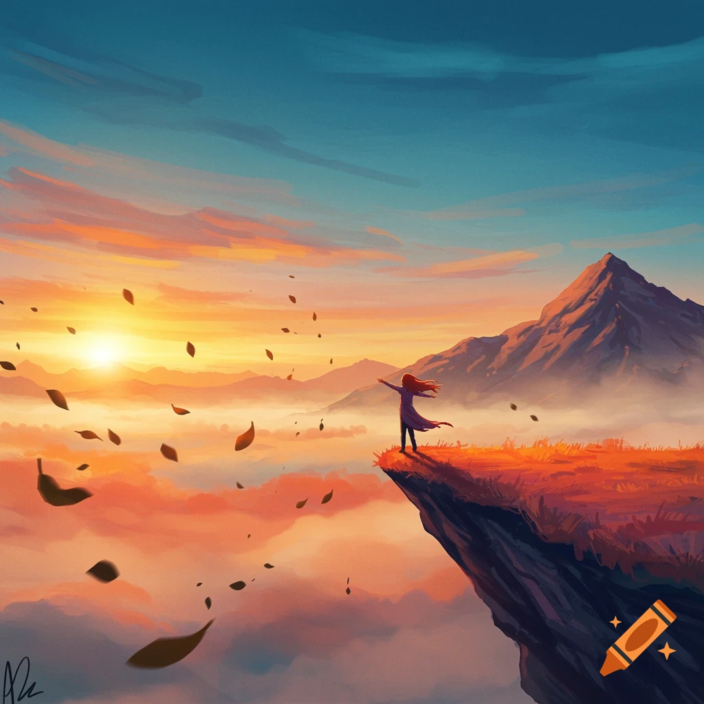 A stylized illustration of a person with outstretched arms standing on a cliff edge overlooking a vibrant sunset over mountains, with leaves falling.