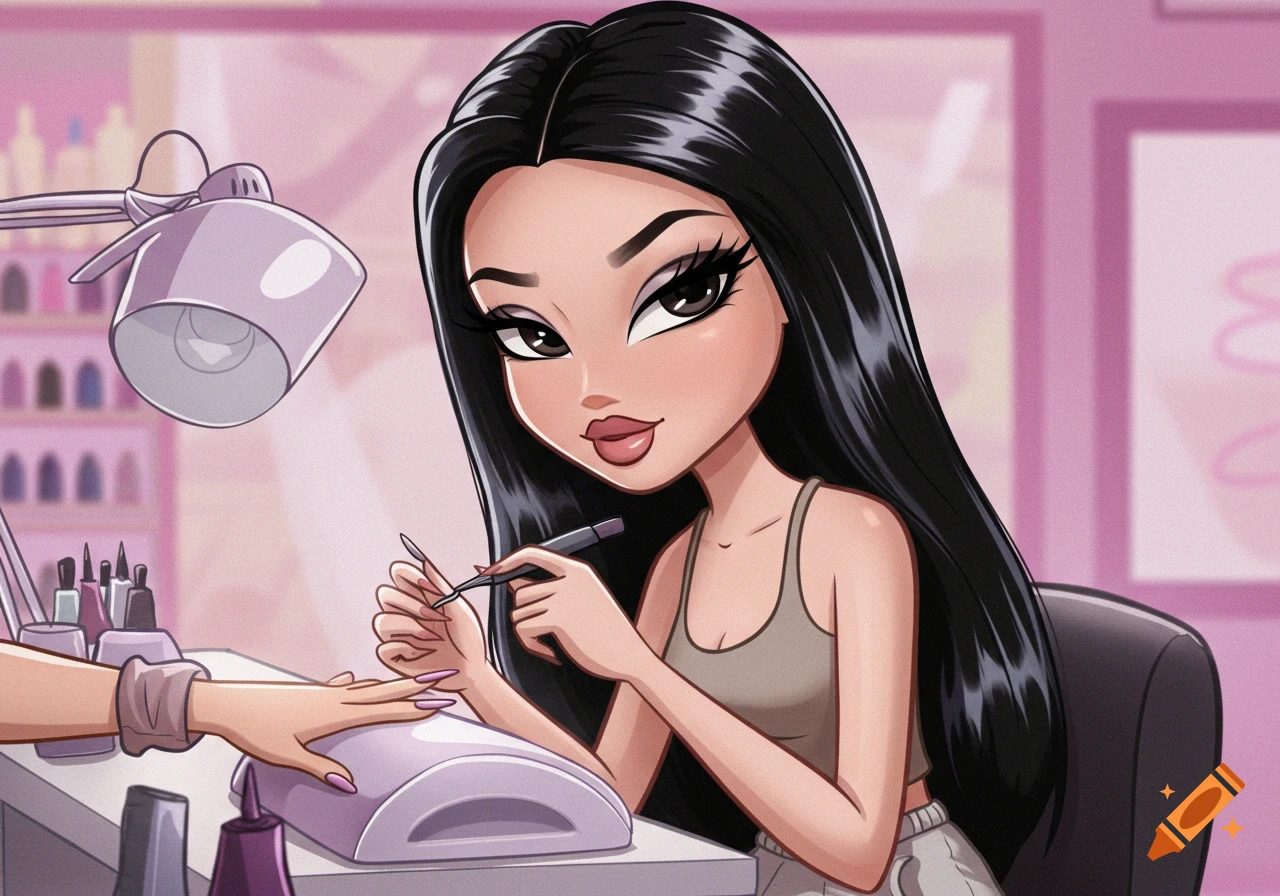 A Bratz-style cartoon woman with long black hair, wearing a tank top and sweatpants, doing a client's nails at a salon.