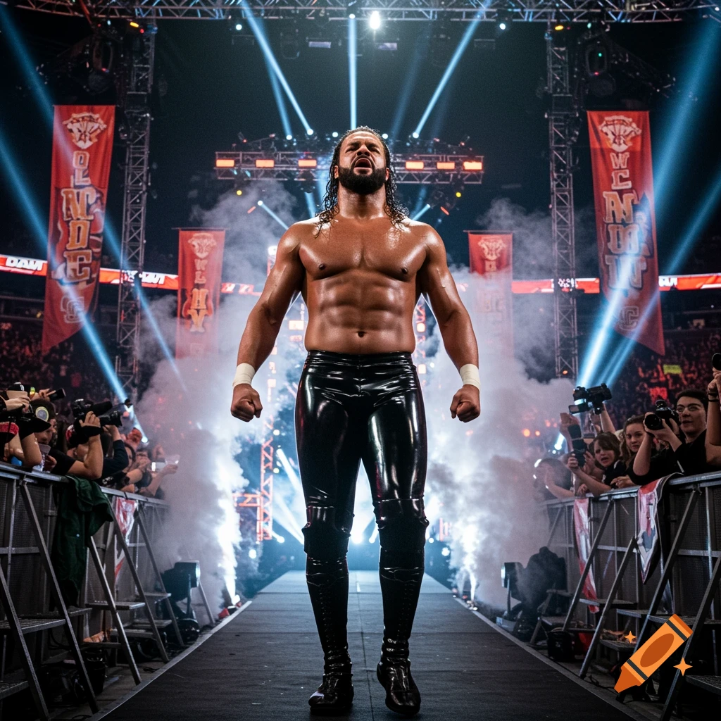 A muscular wrestler in shiny latex pants stands in a smoky, spotlight-filled arena, facing forward with a determined expression as fans and photographers watch.