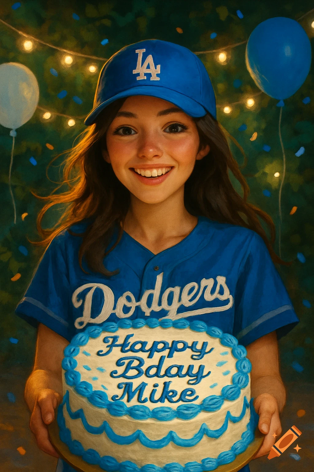 A smiling girl in a blue LA Dodgers cap and jersey holds a birthday cake that says 'Happy Bday Mike' in a painterly style.