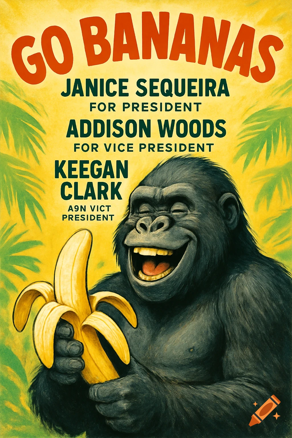 A vintage-style yellow campaign poster featuring a smiling gorilla holding a peeled banana. Text reads 'GO BANANAS', 'JANICE SEQUEIRA FOR PRESIDENT', 'ADDISON WOODS FOR VICE PRESIDENT', and 'KEEGAN CLARK A9N VICT PRESIDENT'.