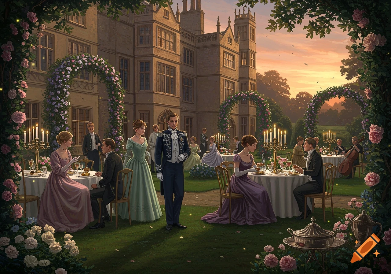 Elegant people in period attire attend a garden party at a grand British estate with ornate floral arches and candelabras at sunset.