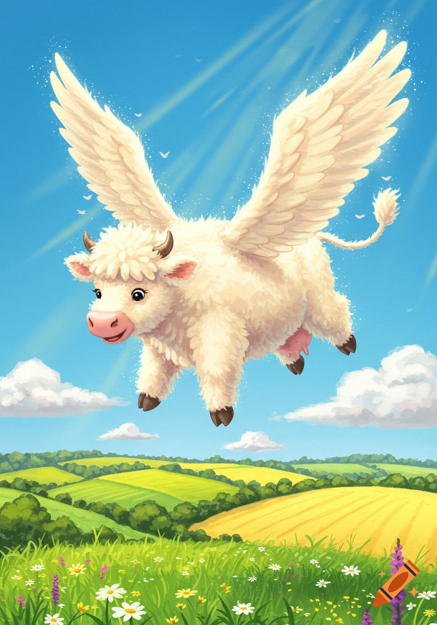 A fluffy, white cartoon cow with wings flies through a bright blue sky above green rolling hills and wildflowers.