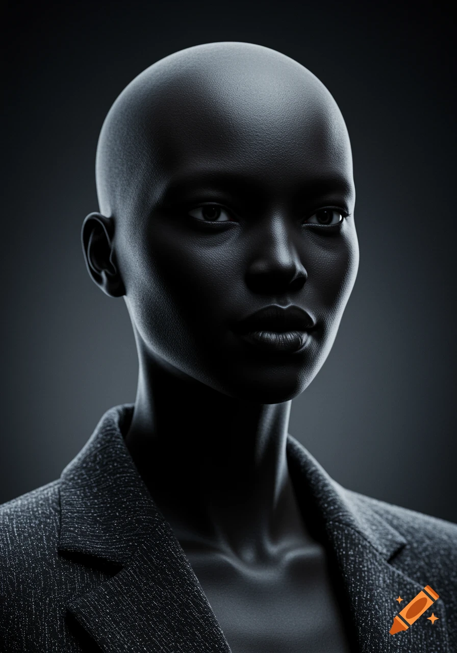Photorealistic portrait of a bald, dark-skinned, androgynous person in a blazer, with dramatic lighting.