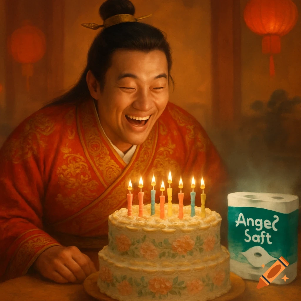 A smiling man in traditional Chinese attire celebrates his birthday with a cake and lit candles, next to a roll of toilet paper.