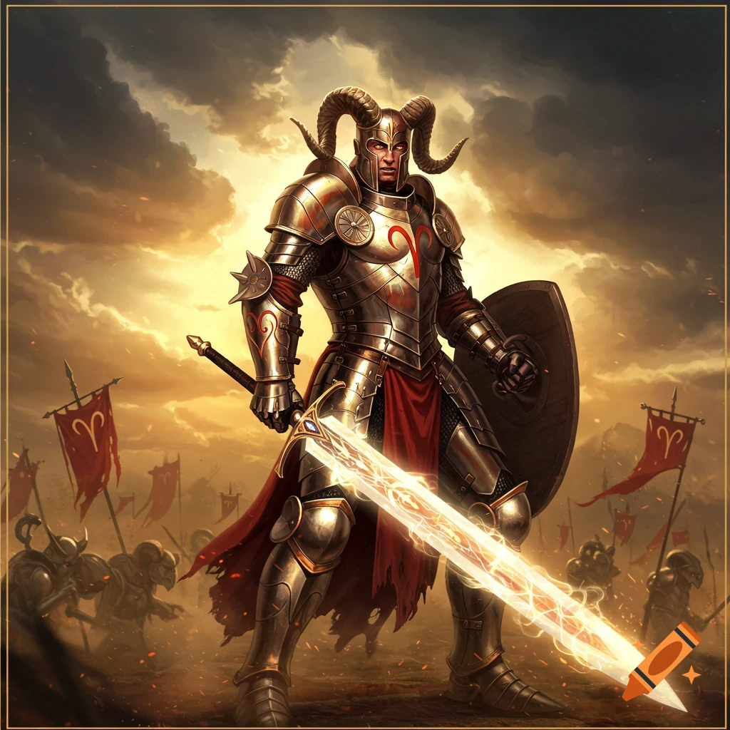 Aries warrior in golden armor with a horned helmet, wielding a glowing sword on a battlefield.